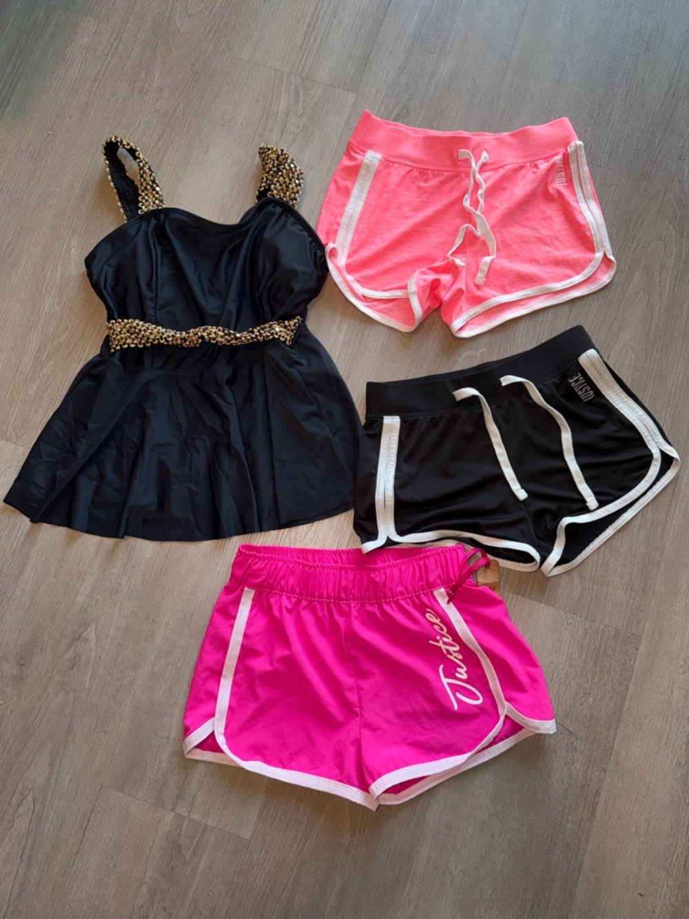 Mixed Active Shorts & Black Embellished Swim Top Set - Pink, Coral, Black